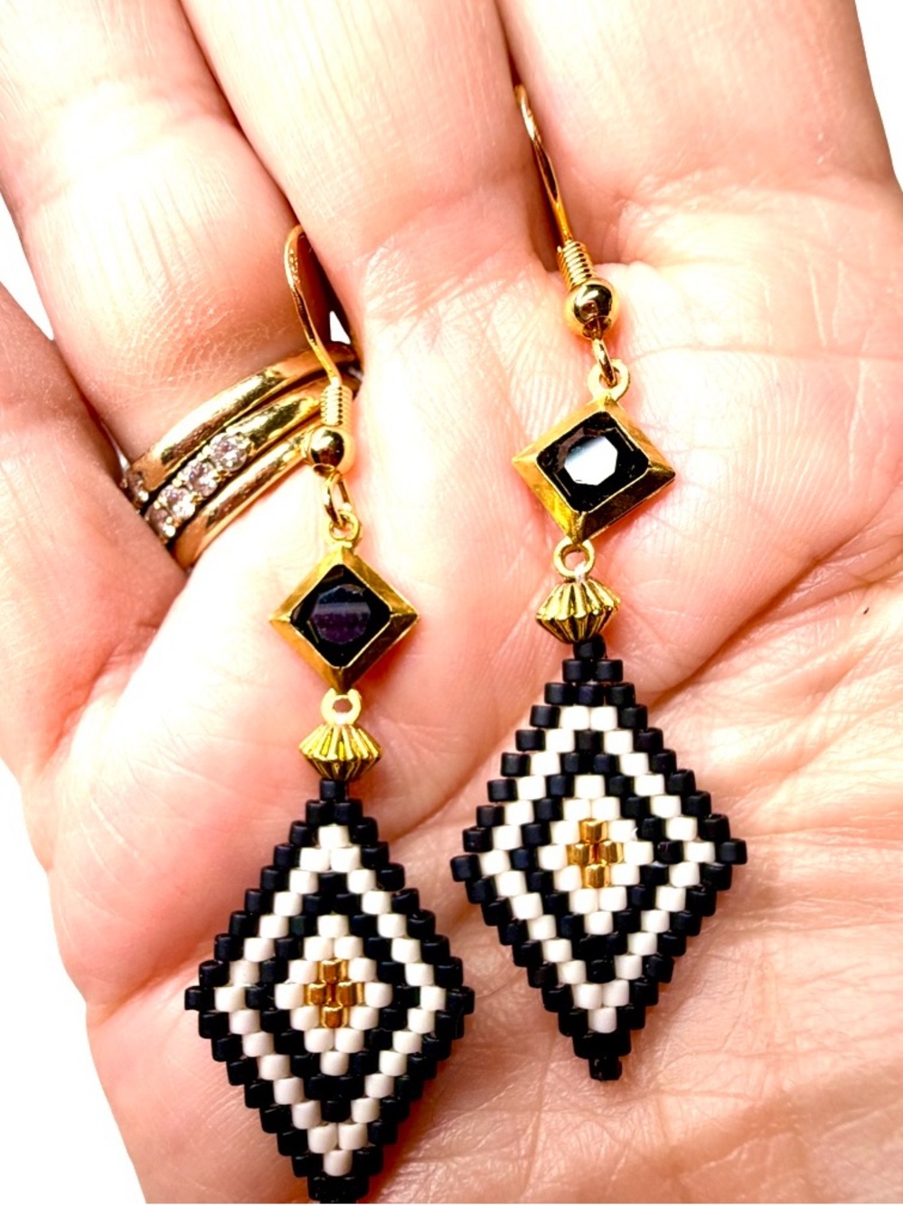 Art Deco Black & Gold Beaded Earrings | Geometric Statement Dangles - Picture 4 of 7
